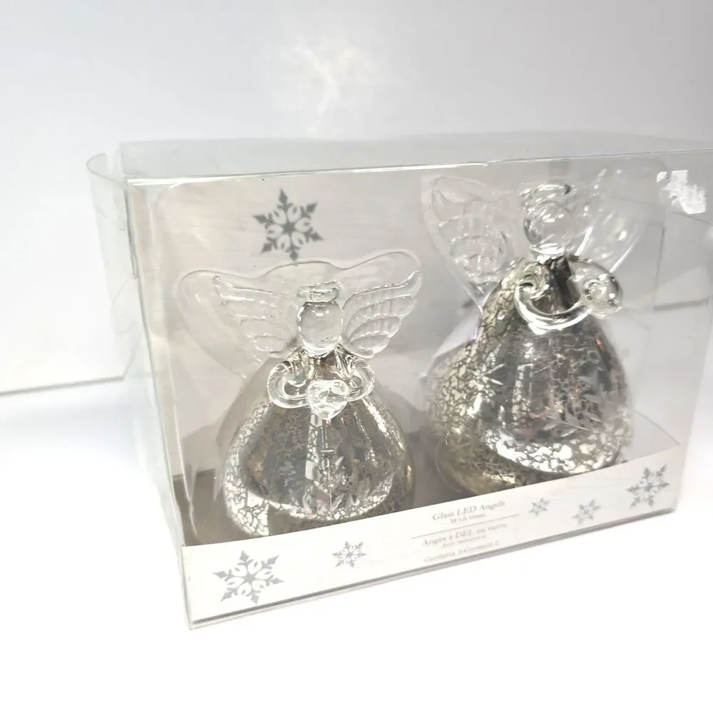 Handblown Mini Set 2 Glass Angels Light Up With Timer Pier One CHRISTMAS Open Bo